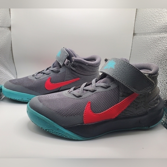 Nike Team Hustle D10 FlyEase 'Grey Teal Siren Red' little kids 13c - Picture 3 of 11